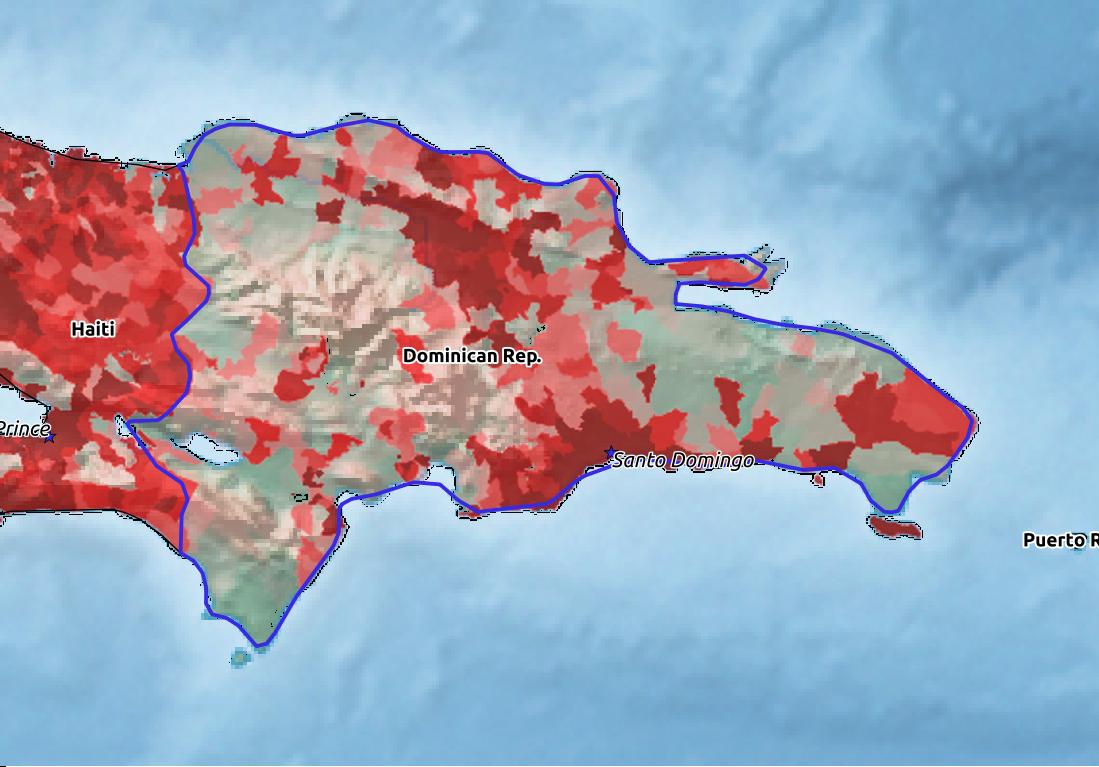 Map of Dominican Republic with world location, topography, capital city, and nearby major cities.